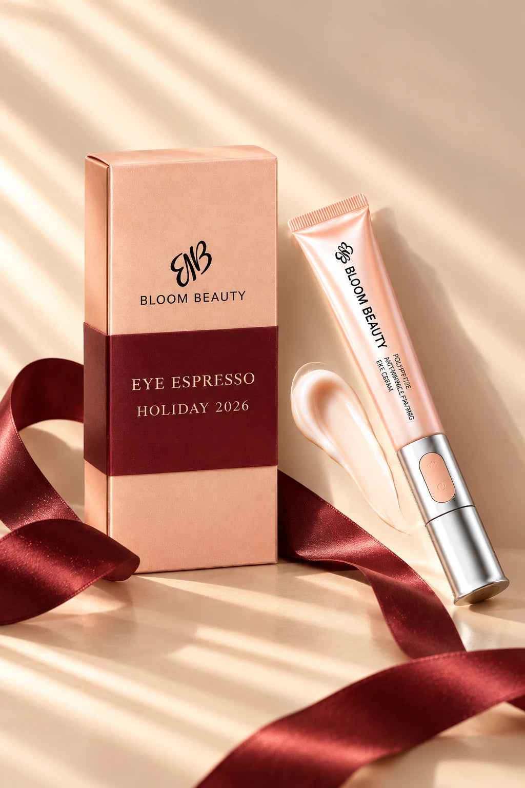 Bloom Beauty Eye Espresso beside its Holiday 2026 gift box: a peach box with a burgundy band, the eye cream wand leaning next to it, a burgundy ribbon across the table