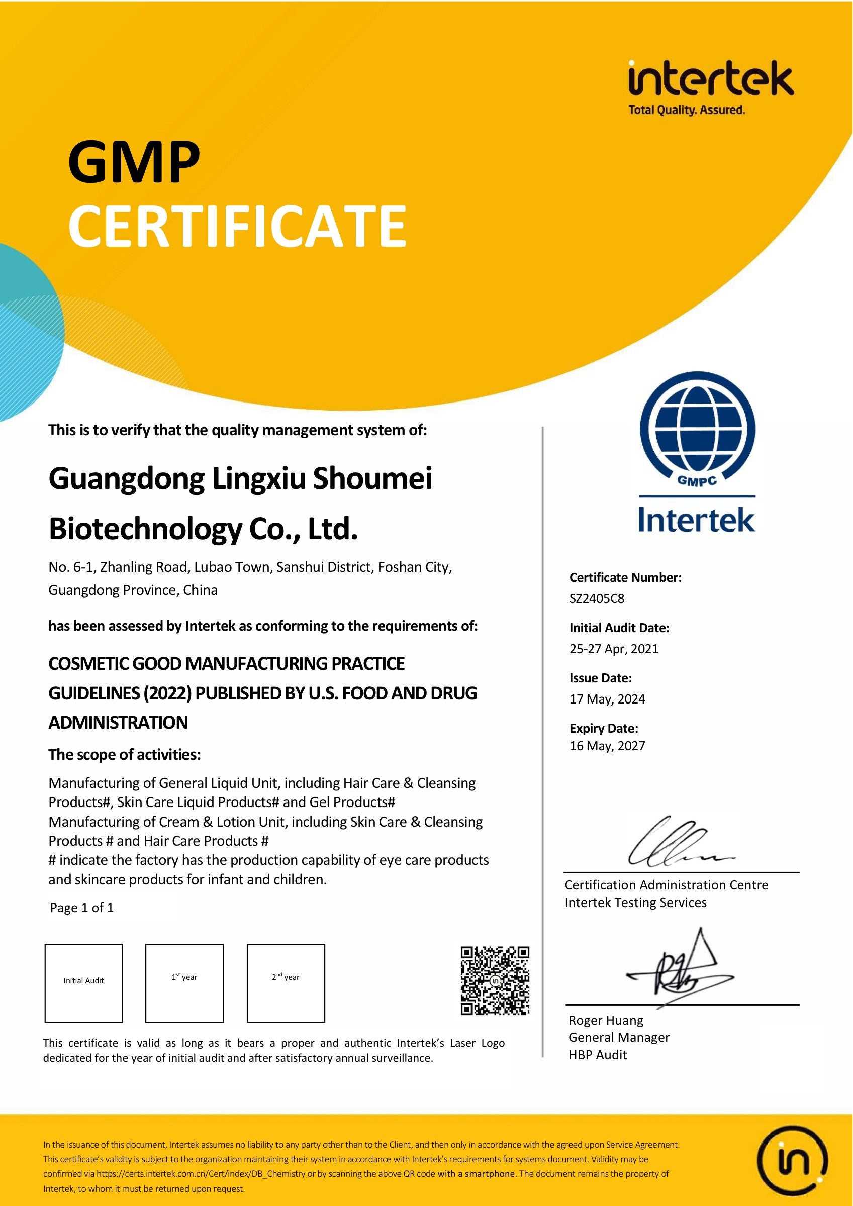 Intertek Cosmetic GMP certificate for Guangdong Lingxiu Shoumei Biotechnology