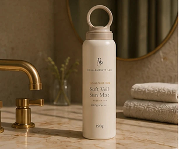 Soft Veil Sun Mist on a bathroom vanity with a gold faucet