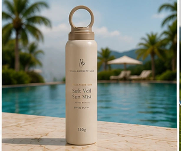 Soft Veil Sun Mist by a resort pool with palm trees